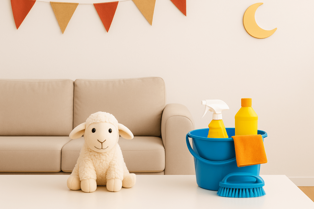 تنظيف أريكة عميق قبل العيد باستخدام أدوات التنظيف، يظهر سطل تنظيف ودمية خروف على طاولة بجانب الأريكة في غرفة معيشة نظيفة. صورة توضح أهمية تنظيف الأثاث قبل المناسبات لضمان منزل مرتب ونظيف.